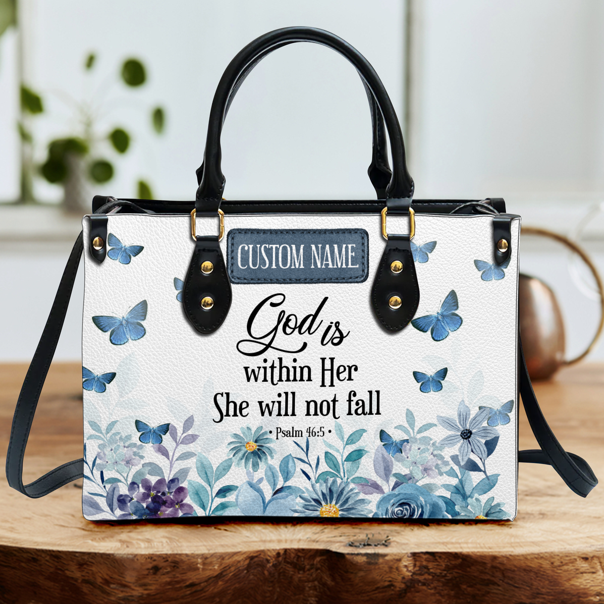 Blue Floral Inspirational She Will Not Fall Custom Leather Handbag - Personalized Custom Leather Bag