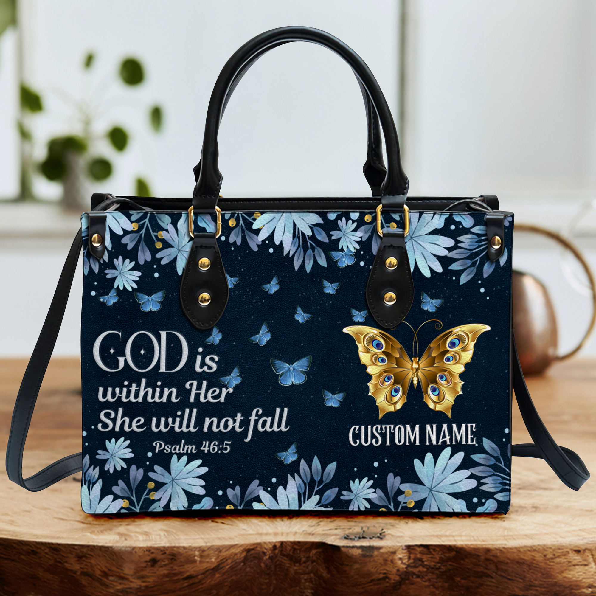 Blue Floral Butterfly Inspirational She Will Not Fall Custom Leather Handbag - Personalized Custom Leather Bag