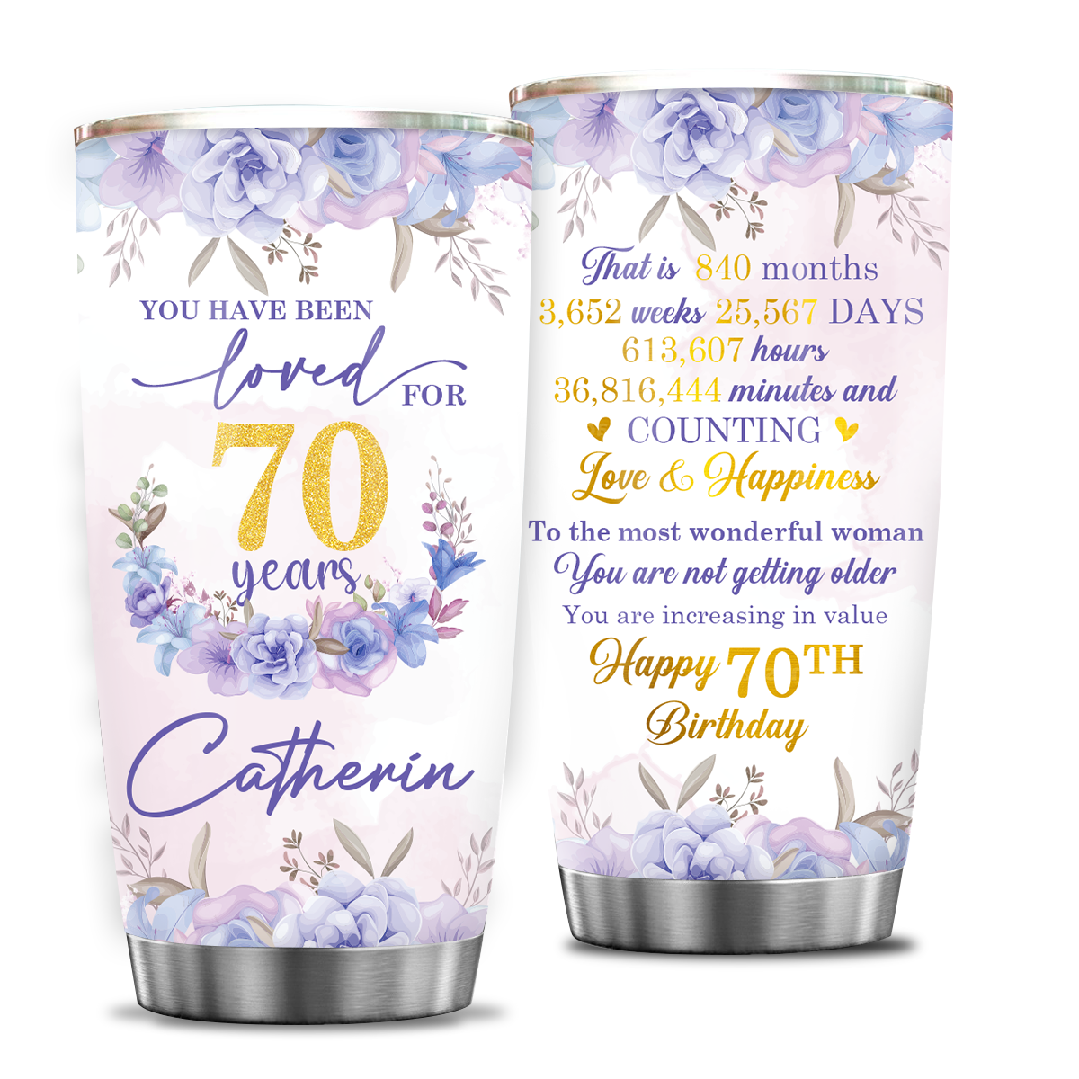 Purple Flower Golden Glitter 70th Birthday You Have Been Loved For 70 Years Custom Gifts Men Women Stainless Steel Tumbler - Personalized Stainless Steel Tumbler