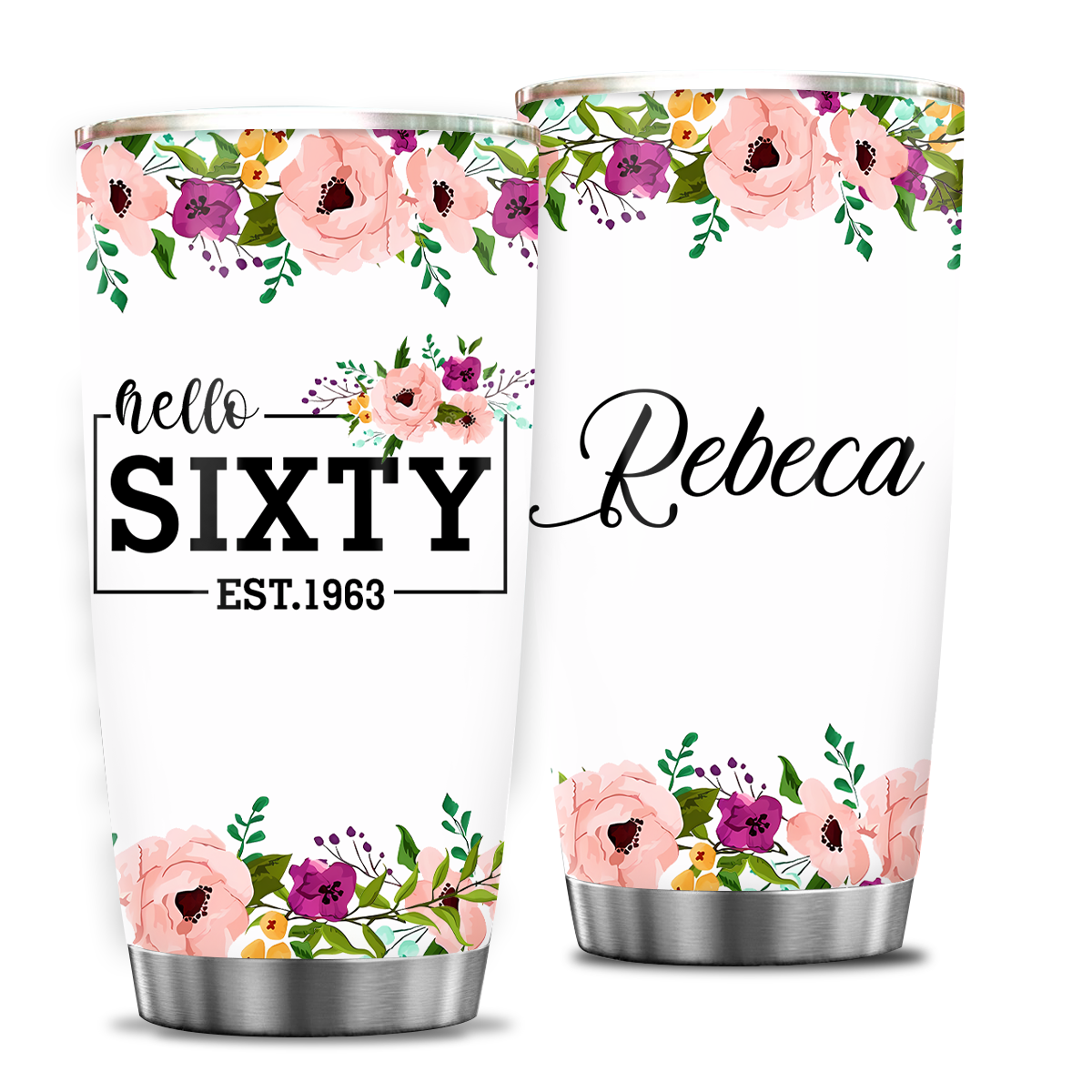 Vintage Floral 60th Birthday Hello Sixty Est 1962 Custom Gifts Men Women Stainless Steel Tumbler - Personalized Stainless Steel Tumbler