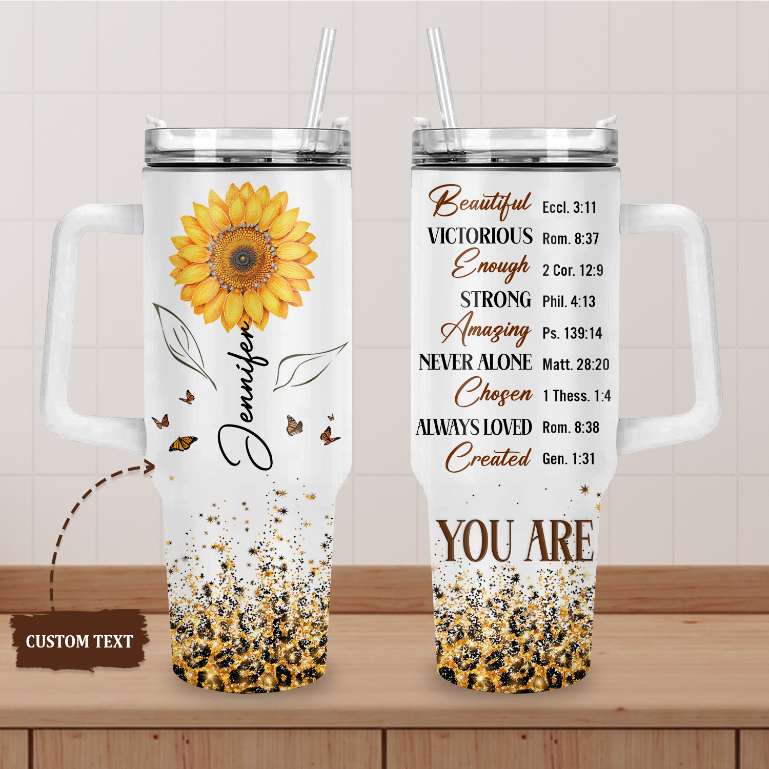 Sunflower Glitter Cheetah You Are 40 Oz Tumbler With Handle - Personalized Stainless Steel Tumbler