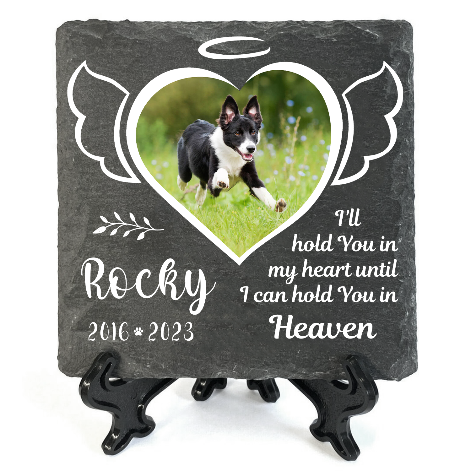 Heart Wings Pet Photo I'll Hold You In My Heart Custom Dog Memorial Stone, Pet Memorial Gifts - Personalized Custom Memorial Tombstone