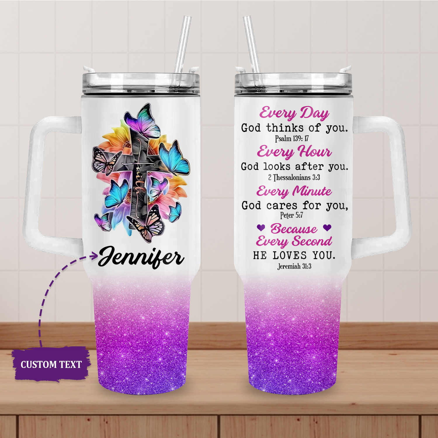 Colorful Butterfly Cross Inspirational Christian 40 Oz Tumbler With Handle - Personalized Stainless Steel Tumbler