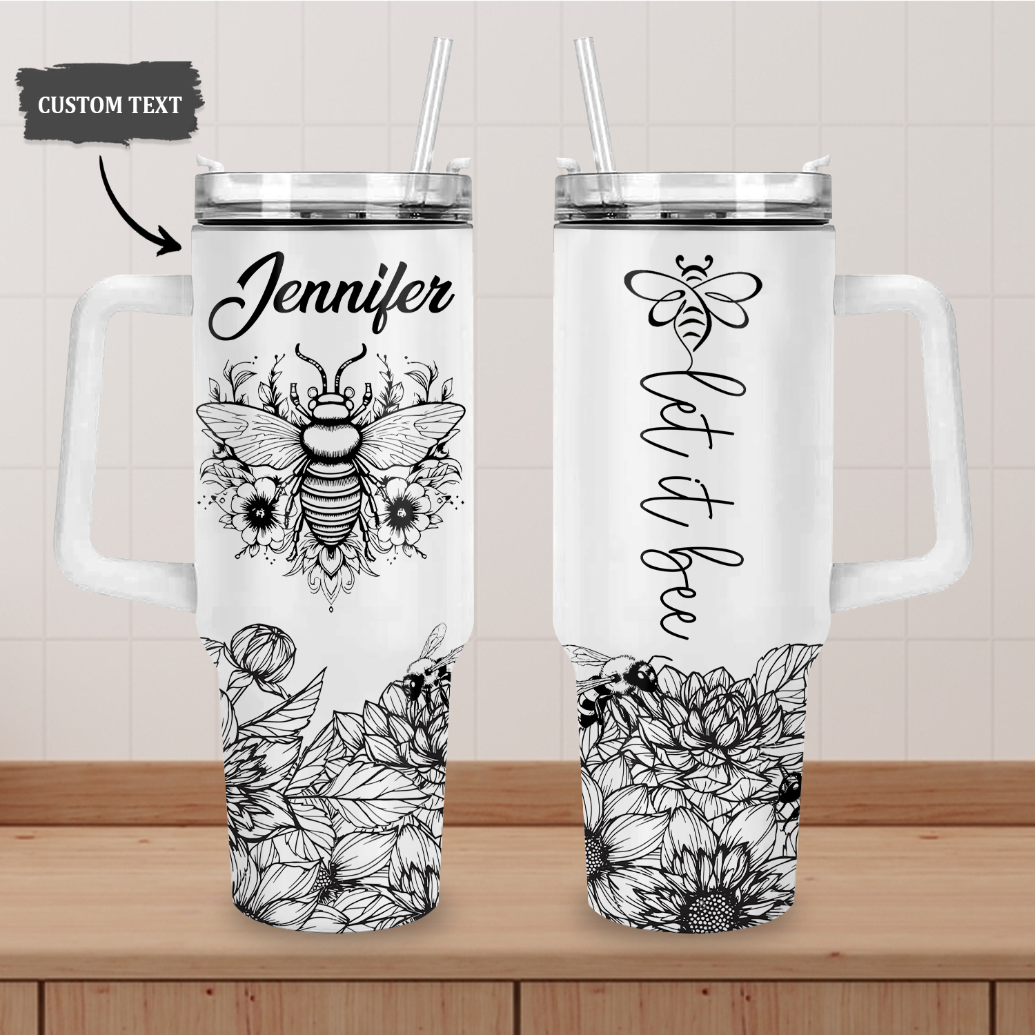 Black and White Let it bee - 40 Oz Tumbler With Handle - Personalized Stainless Steel Tumbler