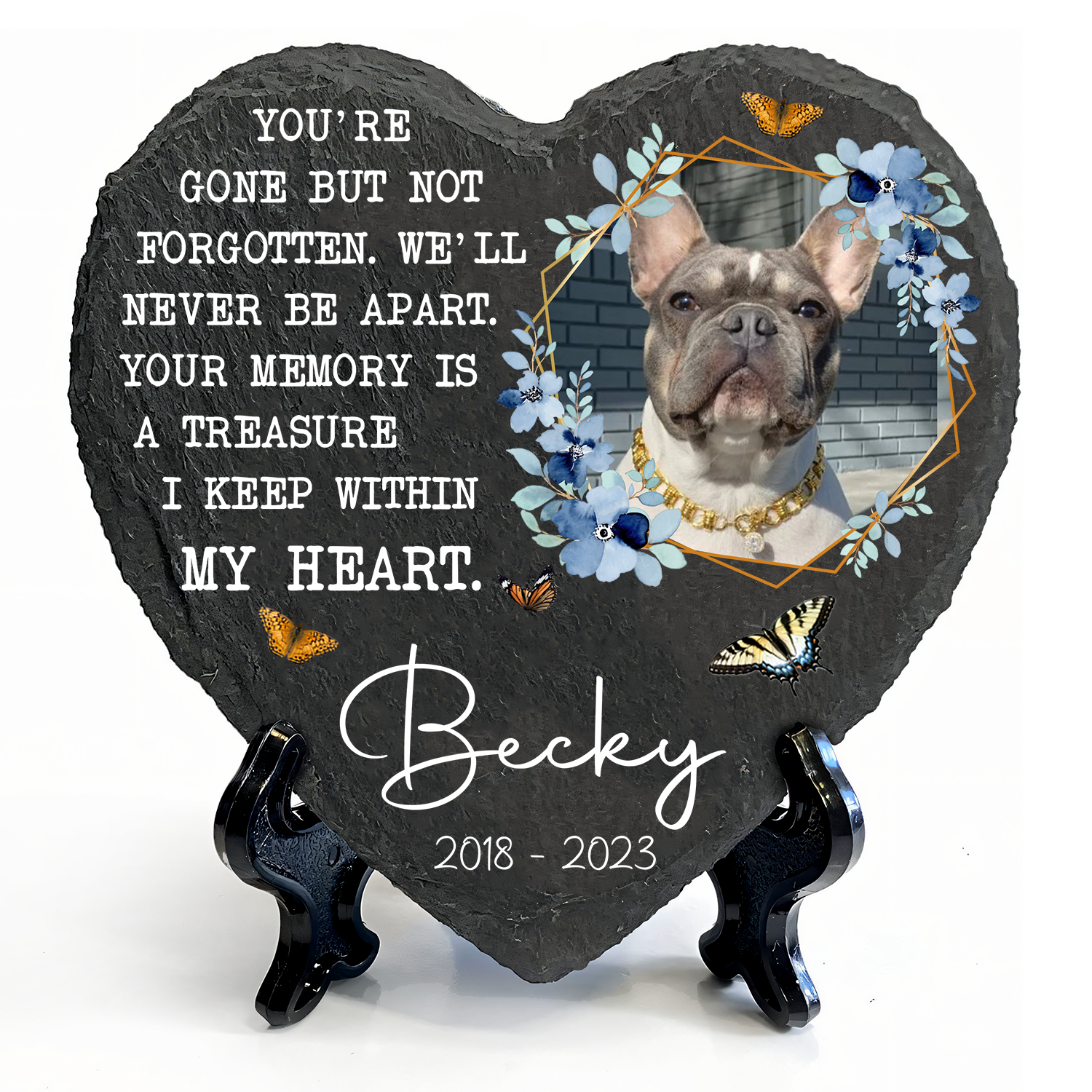 Blue Floral Butterfly Dog Photo You Are Gone But Not Forgotten Custom Dog Memorial Stone, Pet Memorial Gifts - Personalized Custom Memorial Tombstone
