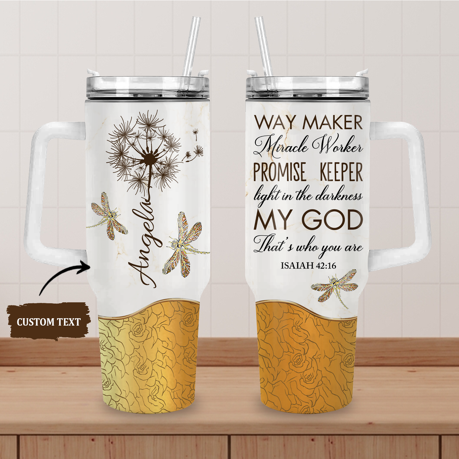 Dandelion Dragonfly Way maker - 40 Oz Tumbler With Handle - Personalized Stainless Steel Tumbler