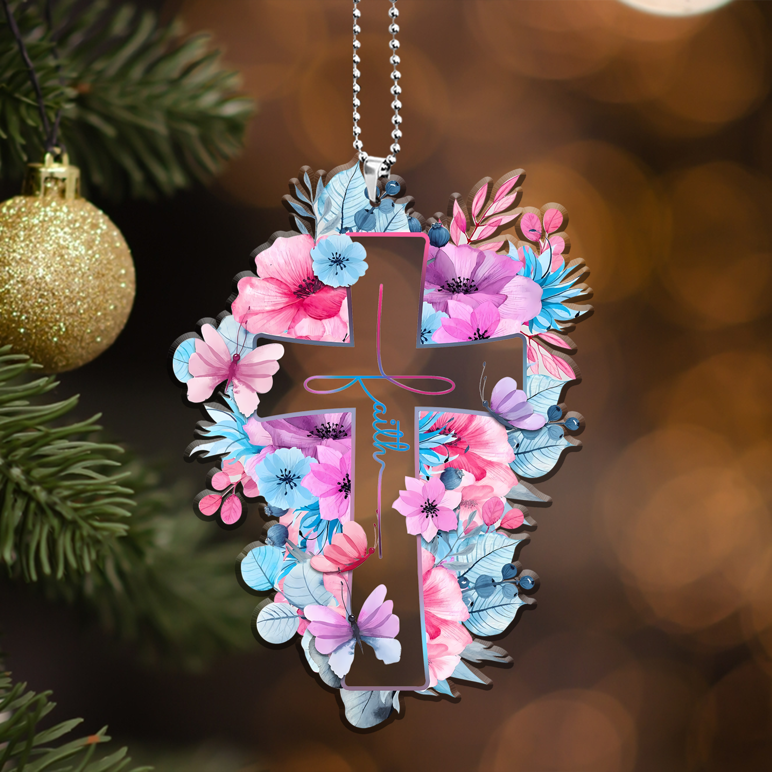 Pink Blue Floral Cross Faith Transparent Ornament