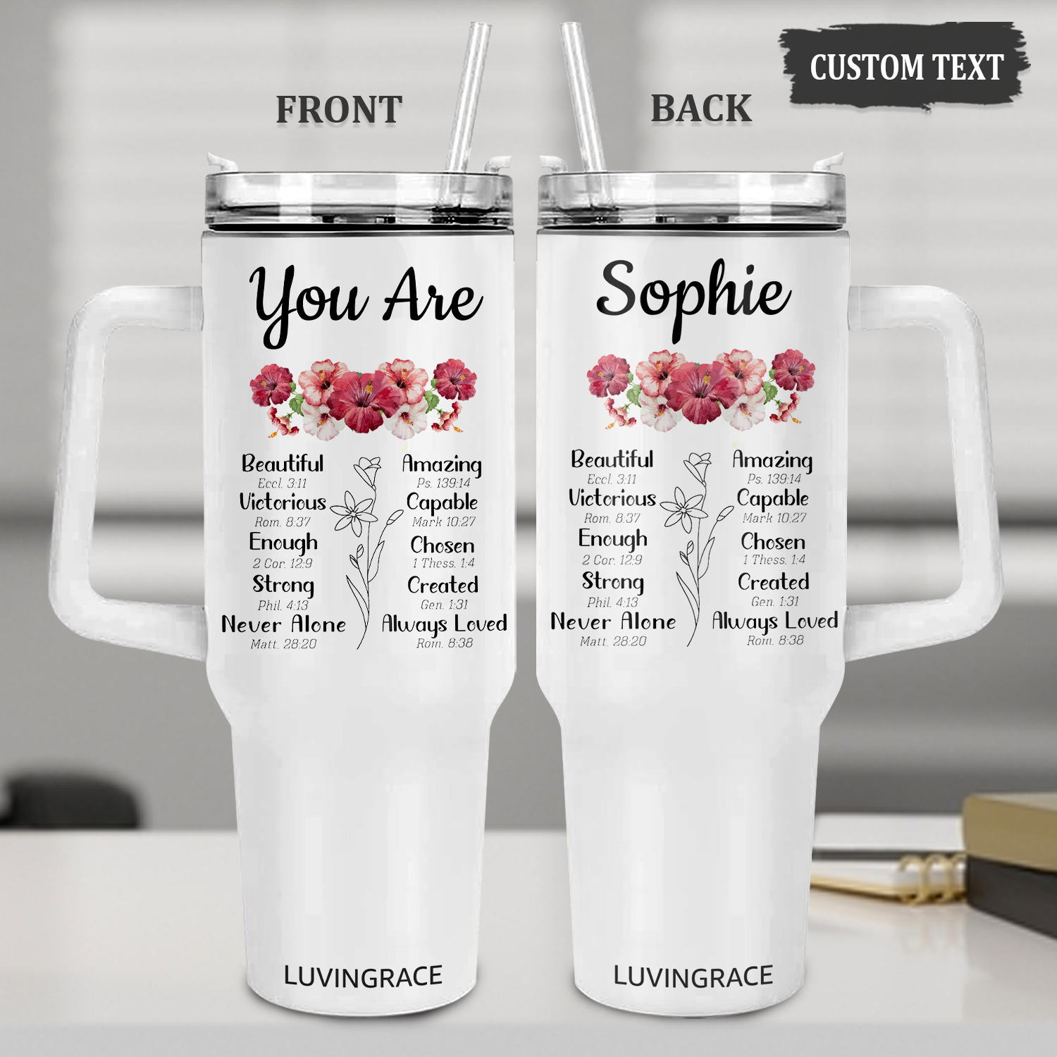 Floral Hibiscus Bible Verse Custom Inspirational Gifts for Women Friends 40Oz Tumbler