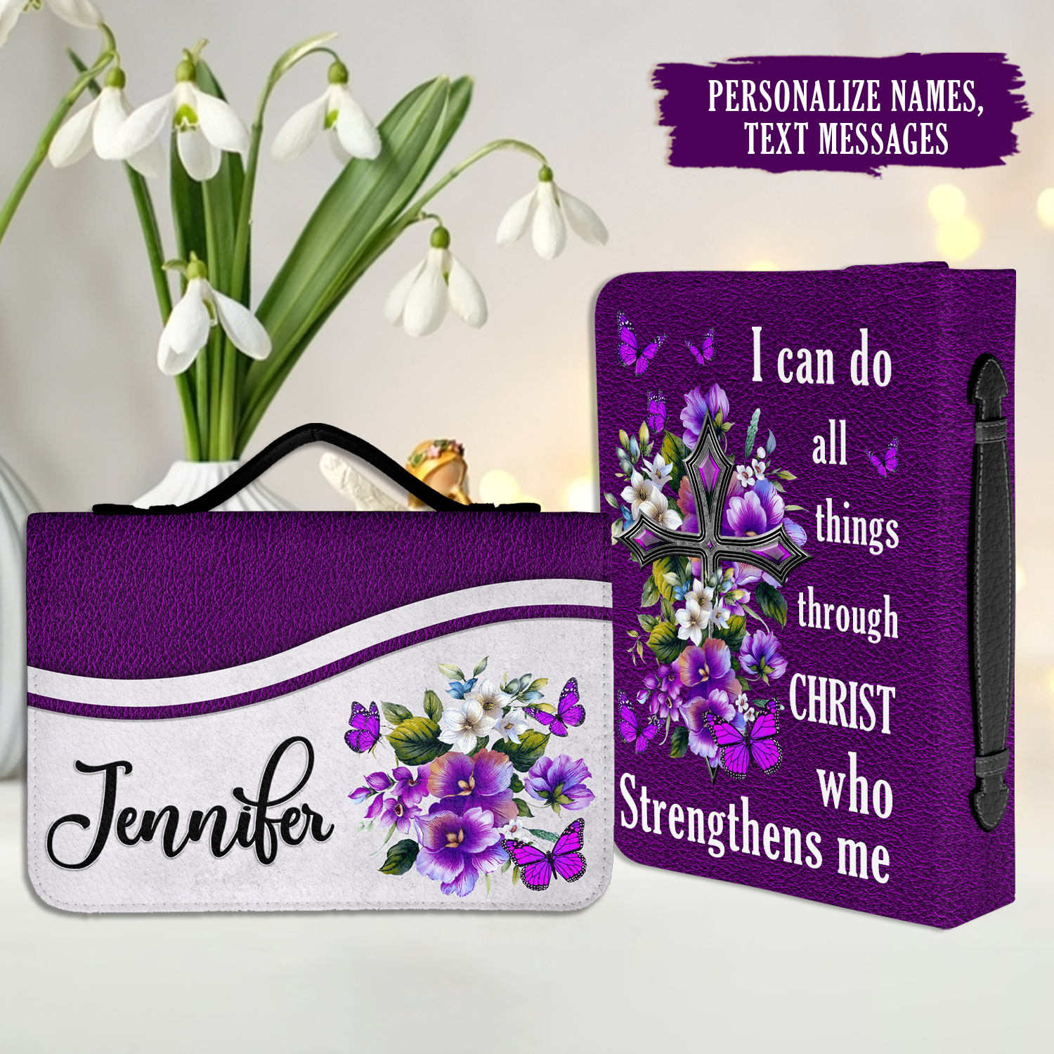 Purple Flower Cross I Can Do All Things Through Christ Christian Personalized Bible Cover