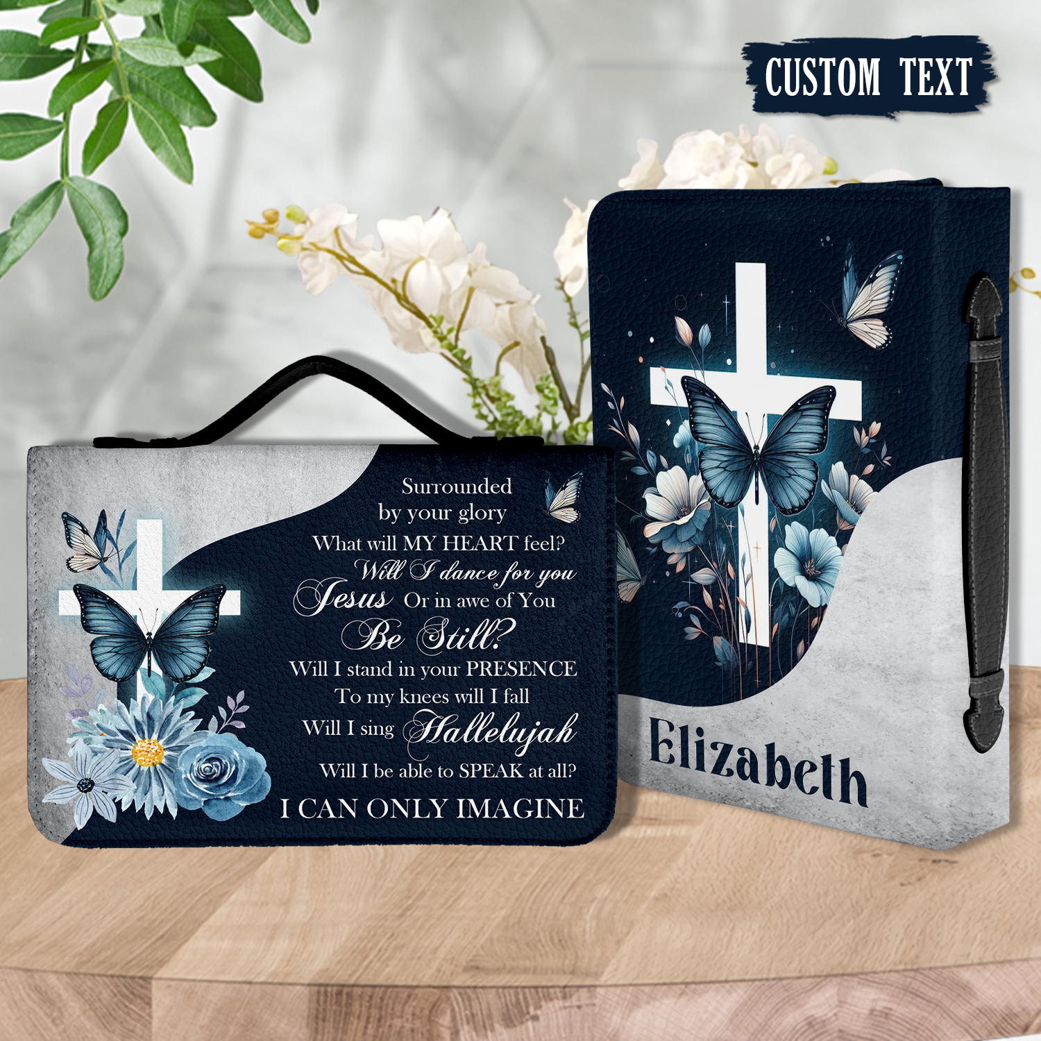 Blue Flower Cross Butterfly Surrounded By Your Glory Christian Personalized Bible Cover