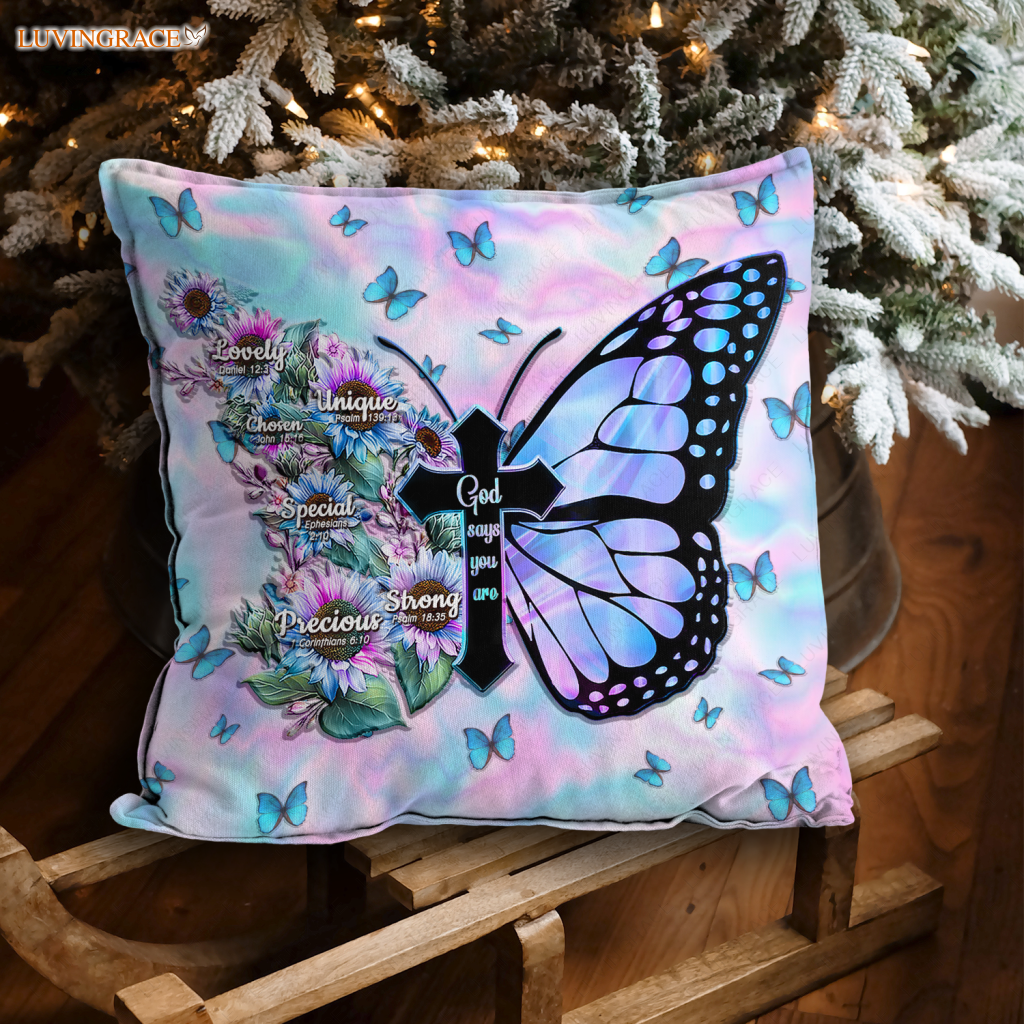 Blue Hologram Sunflower Cross Butterfly God Says You Are Pillow