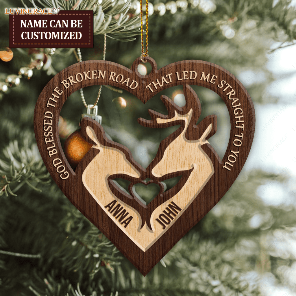 Buck And Doe Heart God Blessed Personalized Wood Engraved Ornaments Wooden Ornament