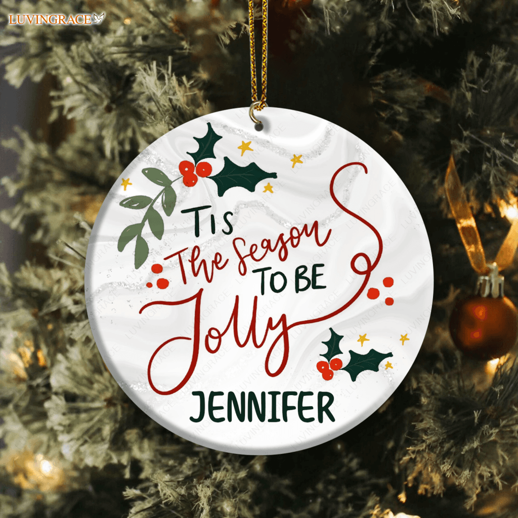 Christmas Floral Tis The Season To Be Jolly Personalized Ornament Ceramic