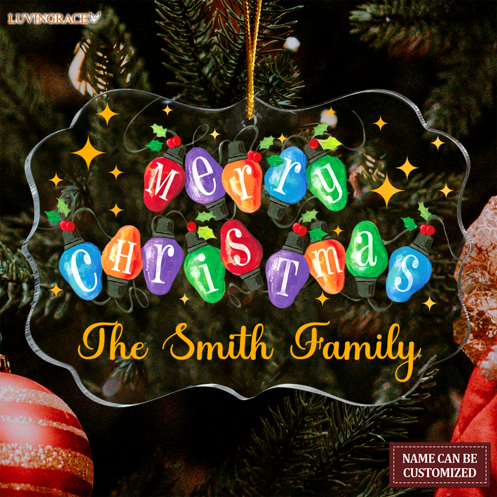 Colorful Light Merry Christmas Family Name Personalized Transparent Ornament