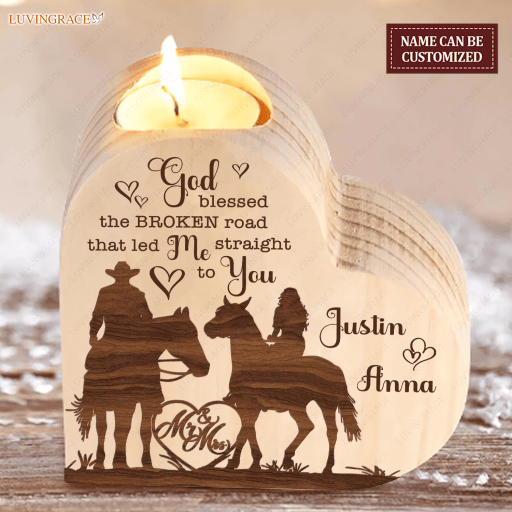 Cowboy And Cowgirl Couple Heart God Blessed Personalized Candle Holder Shaped