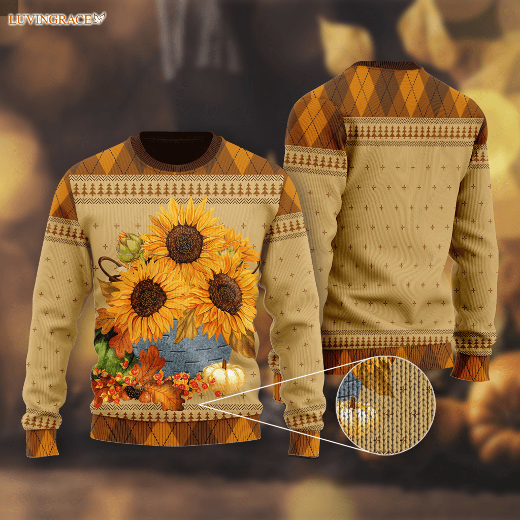 Fall Sunflower Pumpkin Wool Knitted Pattern Ugly Sweater Sweatshirt