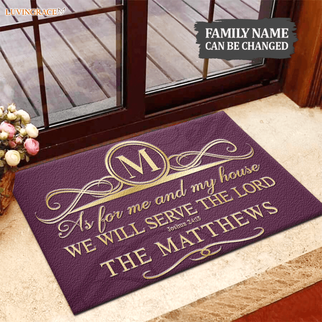 Faux Gold Ornate Monogram Serve The Lord Personalized Doormat