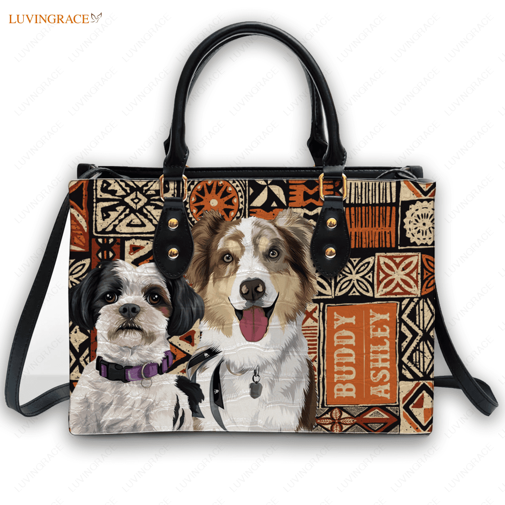 Hawaiian Style Tapa Tribal Pet Digital Painting Portrait - Personalized Custom Leather Bag Handbags