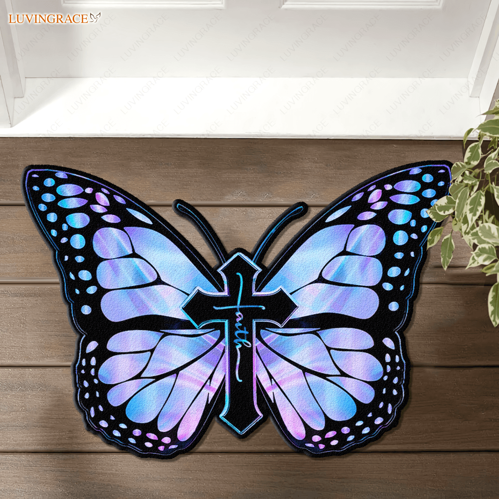 Hologram Butterfly Cross Faith Imagine Shaped Luxurious Doormat