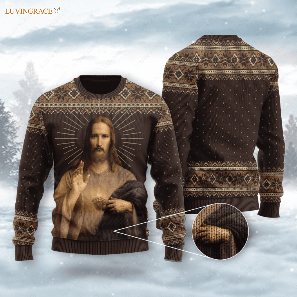 Holy Christ Sacred Heart Wool Knitted Pattern Ugly Sweater Sweatshirt