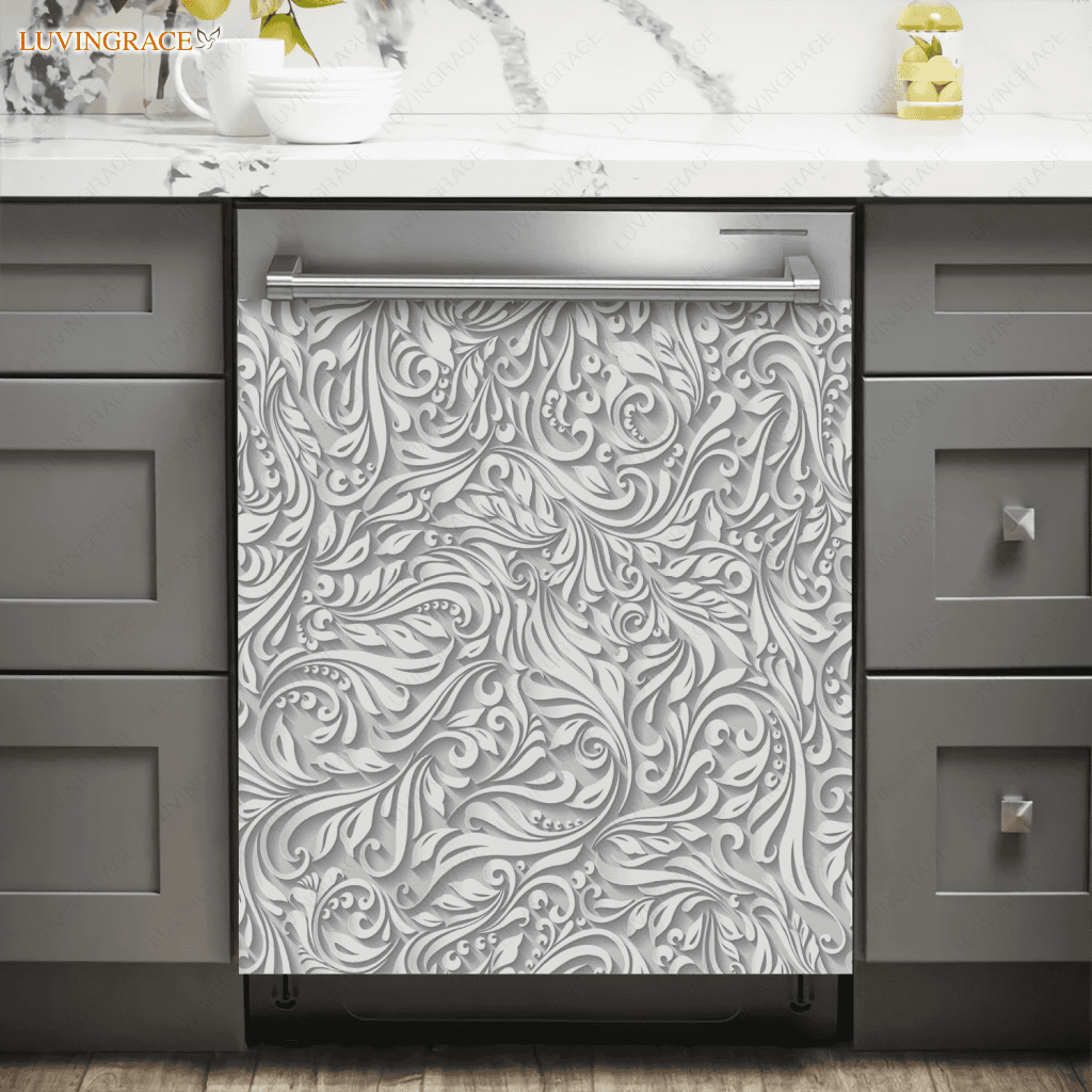 Kitchen Dishwasher Magnet Cover Beautiful Grey Vintage Floral Engraved Design