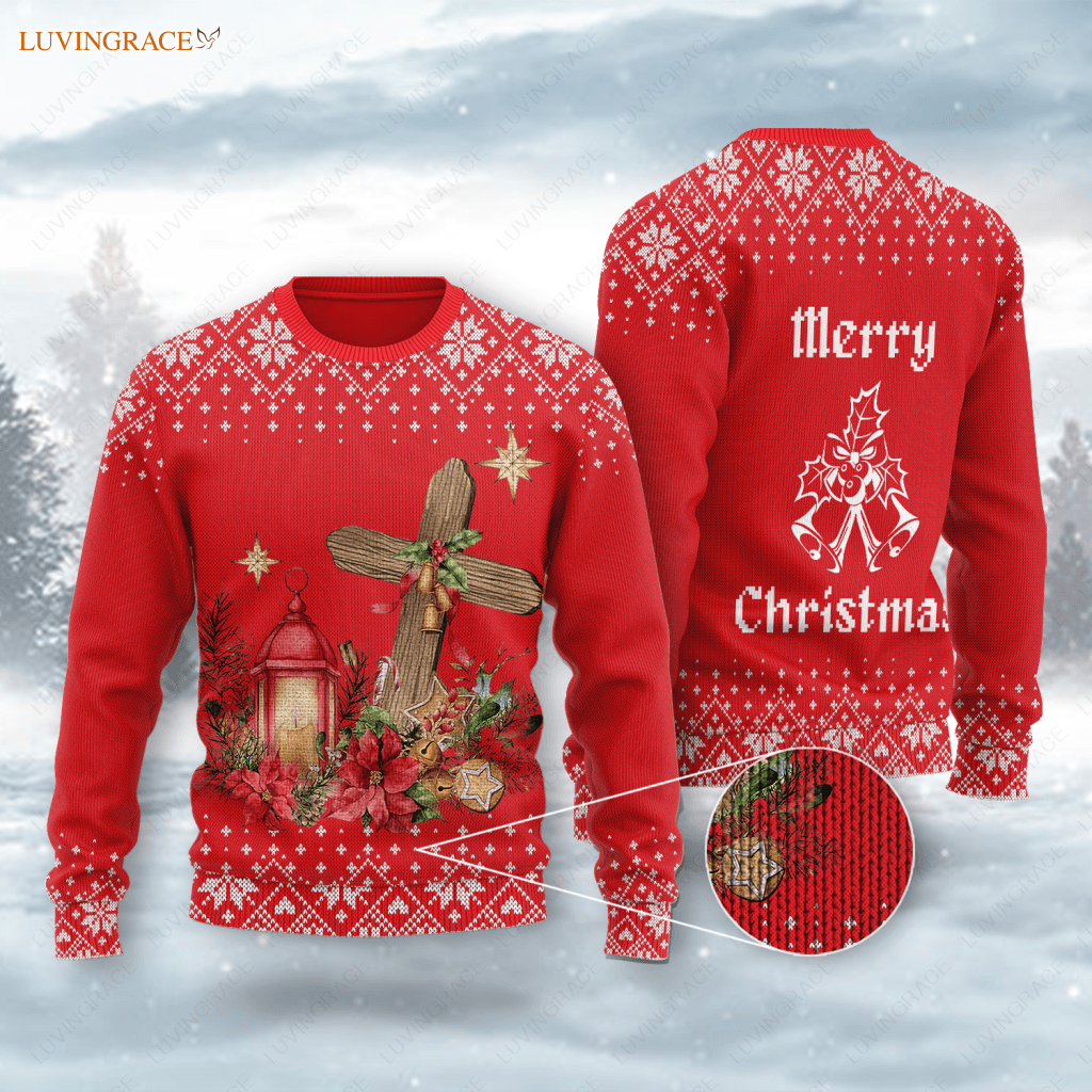 Merry Christmas Floral Cross Wool Knitted Pattern Ugly Sweater Sweatshirt
