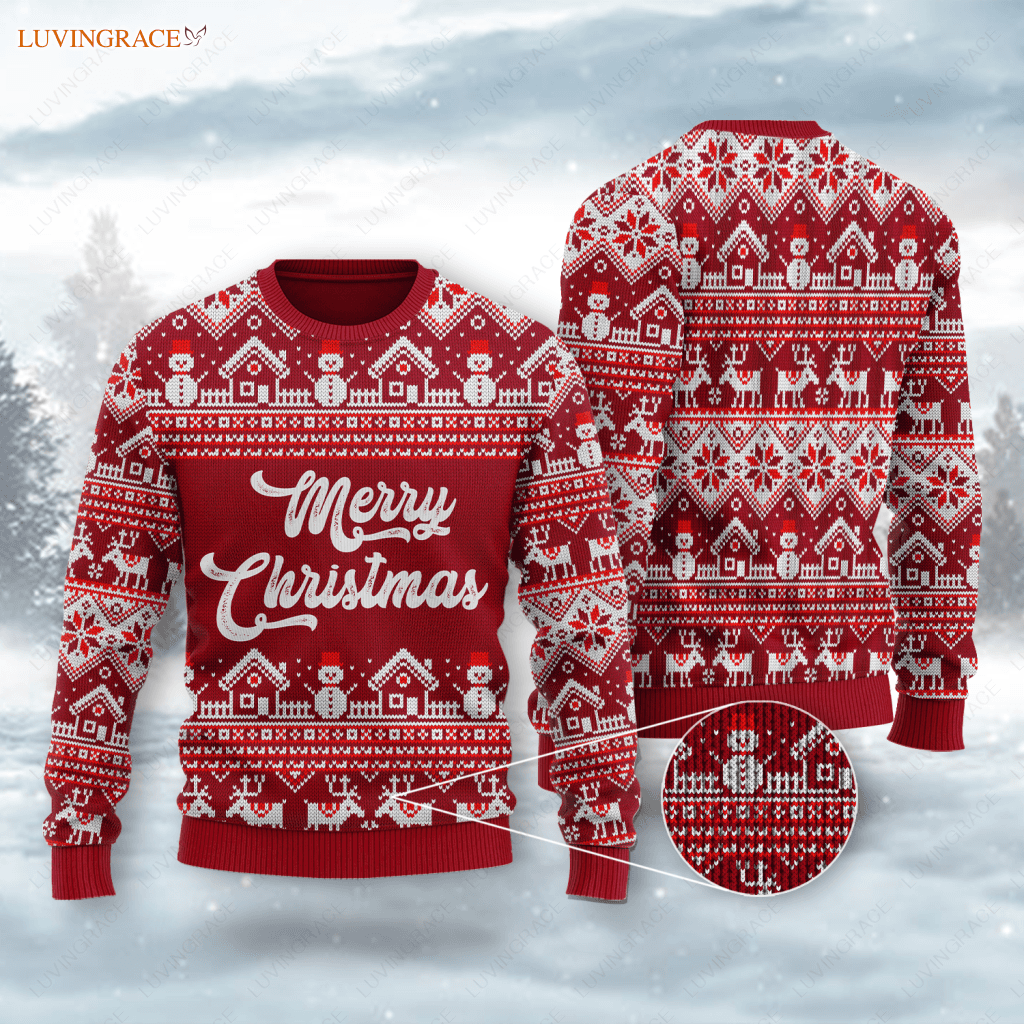 Merry Christmas Snowman Reindeer Wool Knitted Pattern Ugly Sweater Sweatshirt