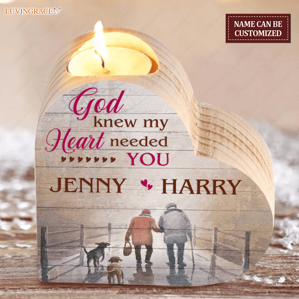Old Couple And Dog God Blessed Personalized Candle Holder Heart Shaped