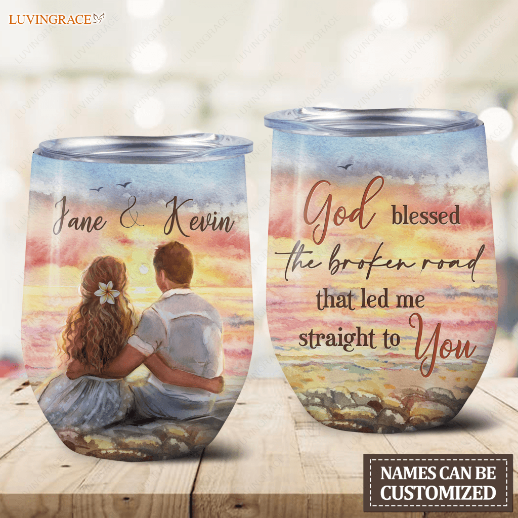 Personalized Couple On The Beach God Blessed Broken Road Wine Tumbler