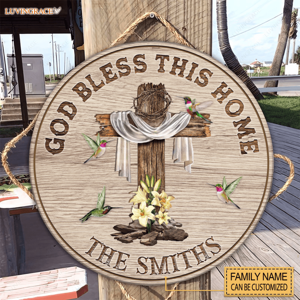Personalized God Bless This Home Wood Circle Sign