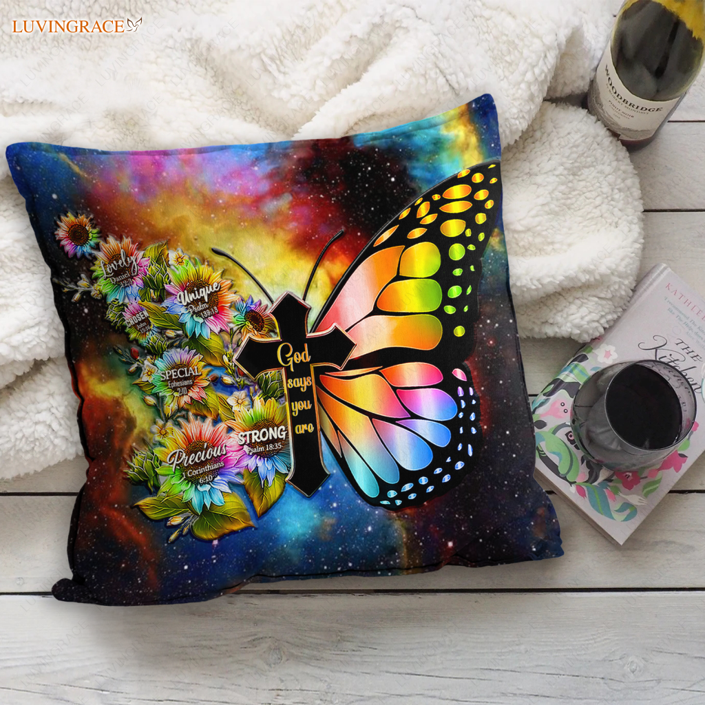 Rainbow Butterfly Cross God Says You Are Pillow