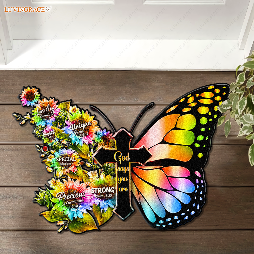 Rainbow Butterfly Cross God Says You Are Shaped Luxurious Doormat