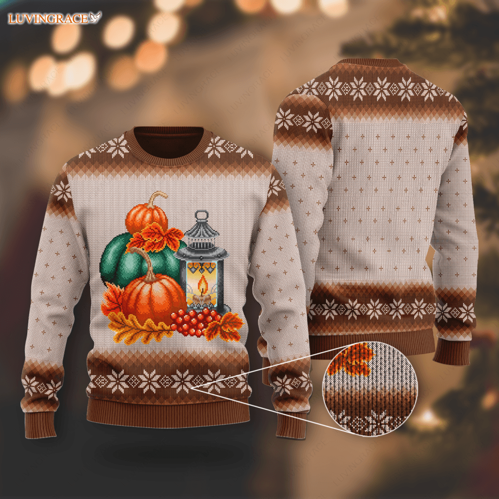 Vintage Thanksgiving Floral Pumpkin Wool Knitted Pattern Ugly Sweater Sweatshirt