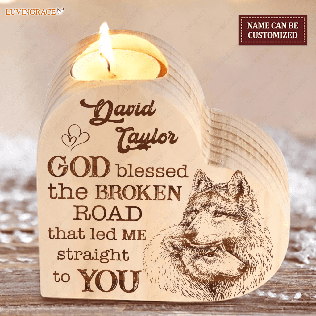Wolf Couple God Blessed Personalized Candle Holder Heart Shaped