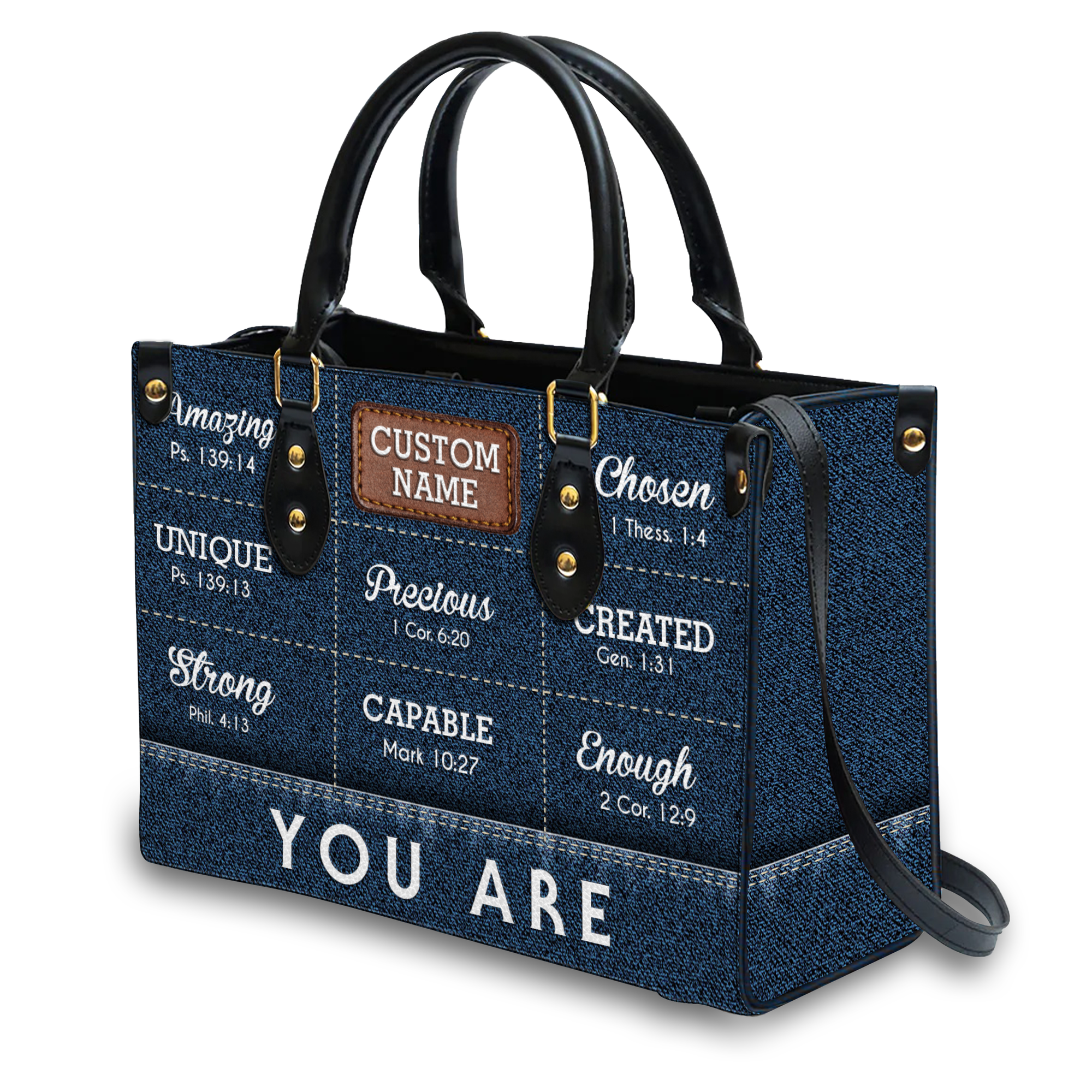 Blue Jean Texture Inspirational You Are Custom Leather Handbag - Personalized Custom Leather Bag