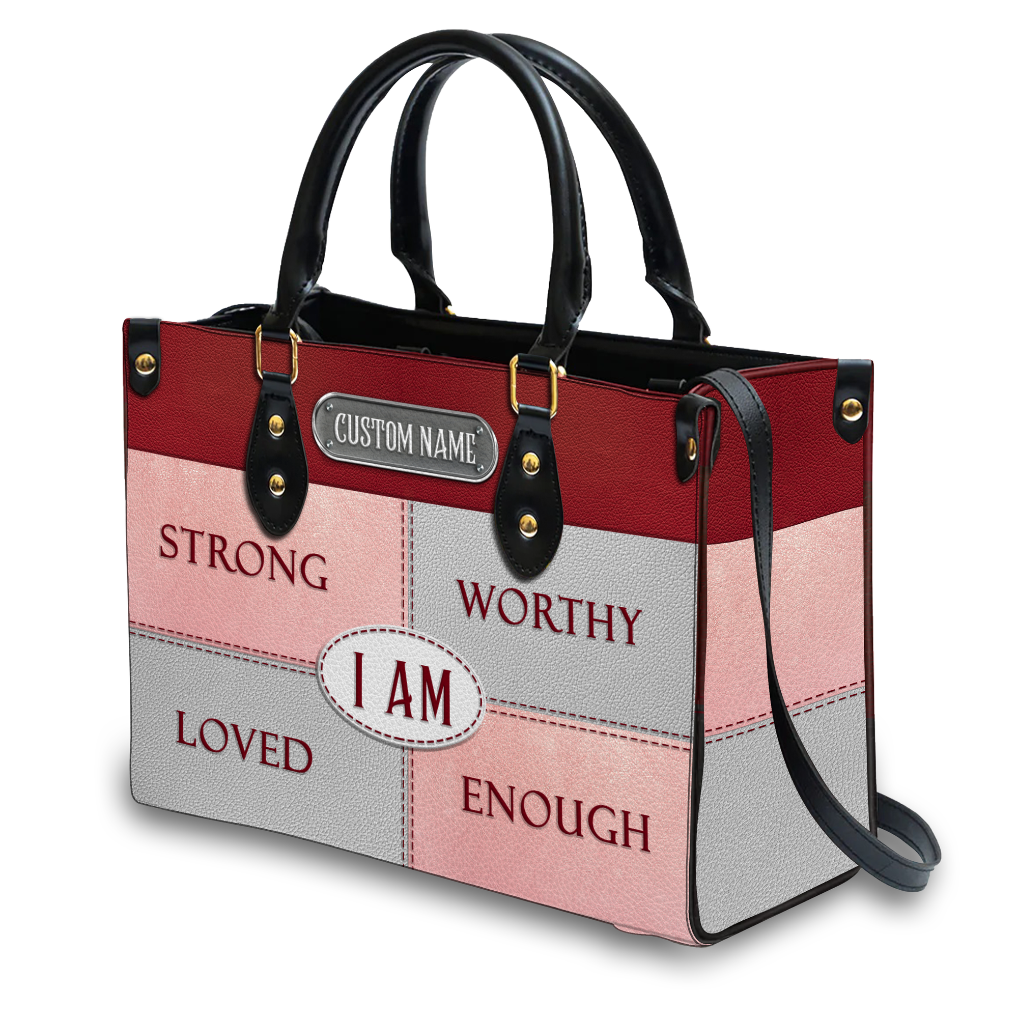 Red Leather Texture Inspirational I Am Custom Leather Handbag - Personalized Custom Leather Bag