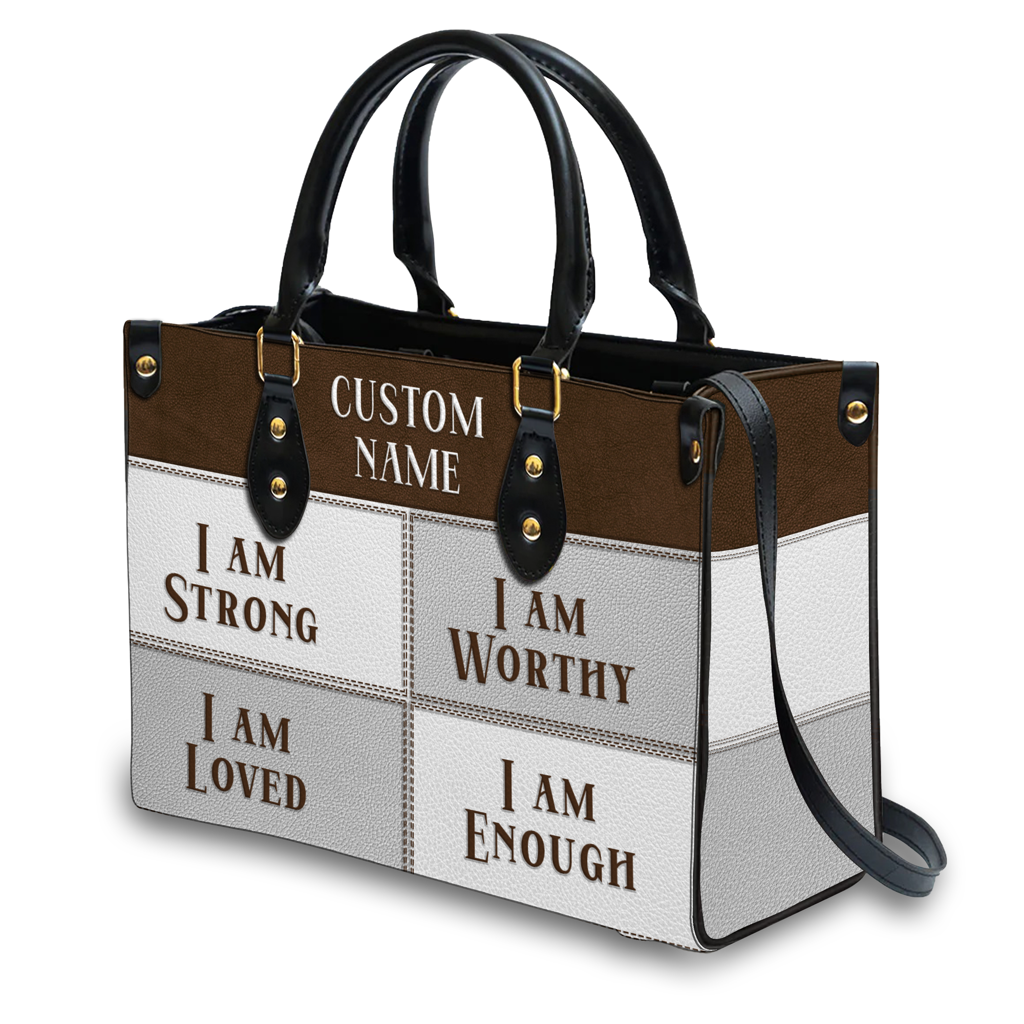 Vintage Leather Grey White Inspirational I Am Custom Leather Handbag - Personalized Custom Leather Bag