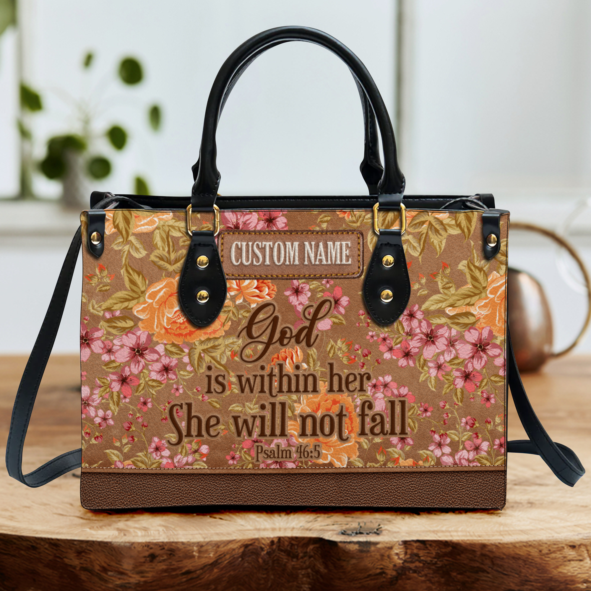 Vintage Roses Flower Leather Inspirational She Will Not Fall Custom Leather Handbag - Personalized Custom Leather Bag