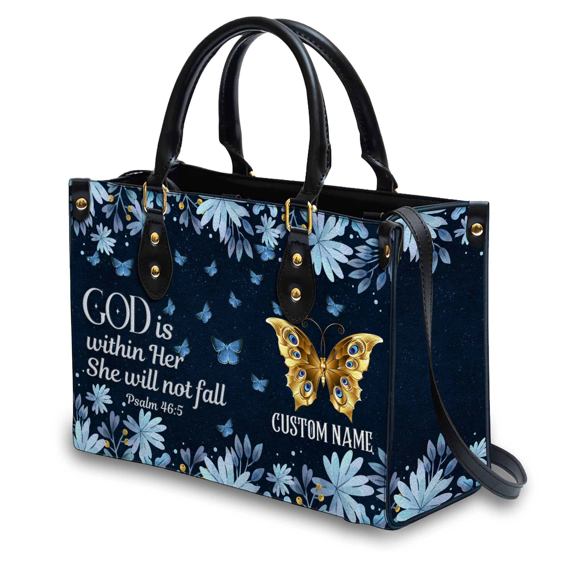 Blue Floral Butterfly Inspirational She Will Not Fall Custom Leather Handbag - Personalized Custom Leather Bag