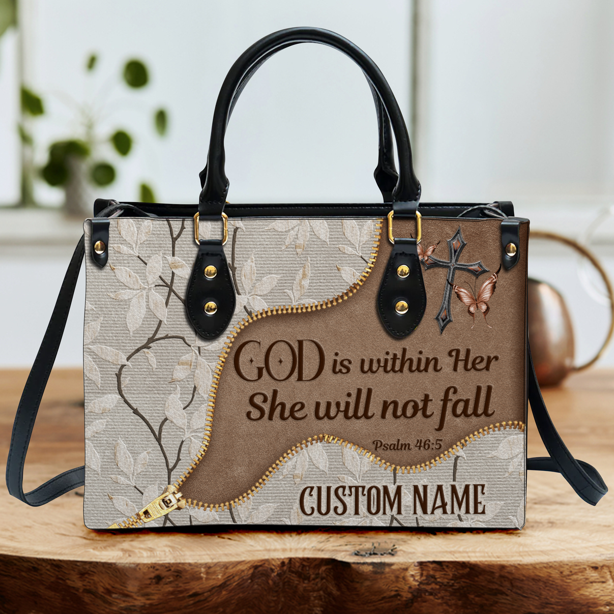 Vintage Floral Zipper Inspirational She Will Not Fall Custom Leather Handbag - Personalized Custom Leather Bag