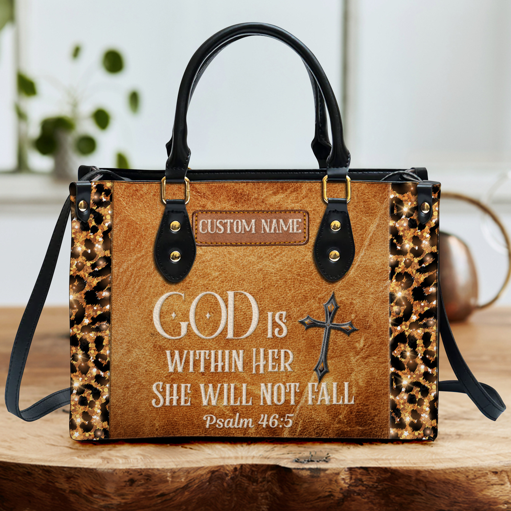 Vintage Leather Glitter Leopard Inspirational She Will Not Fall Custom Leather Handbag - Personalized Custom Leather Bag