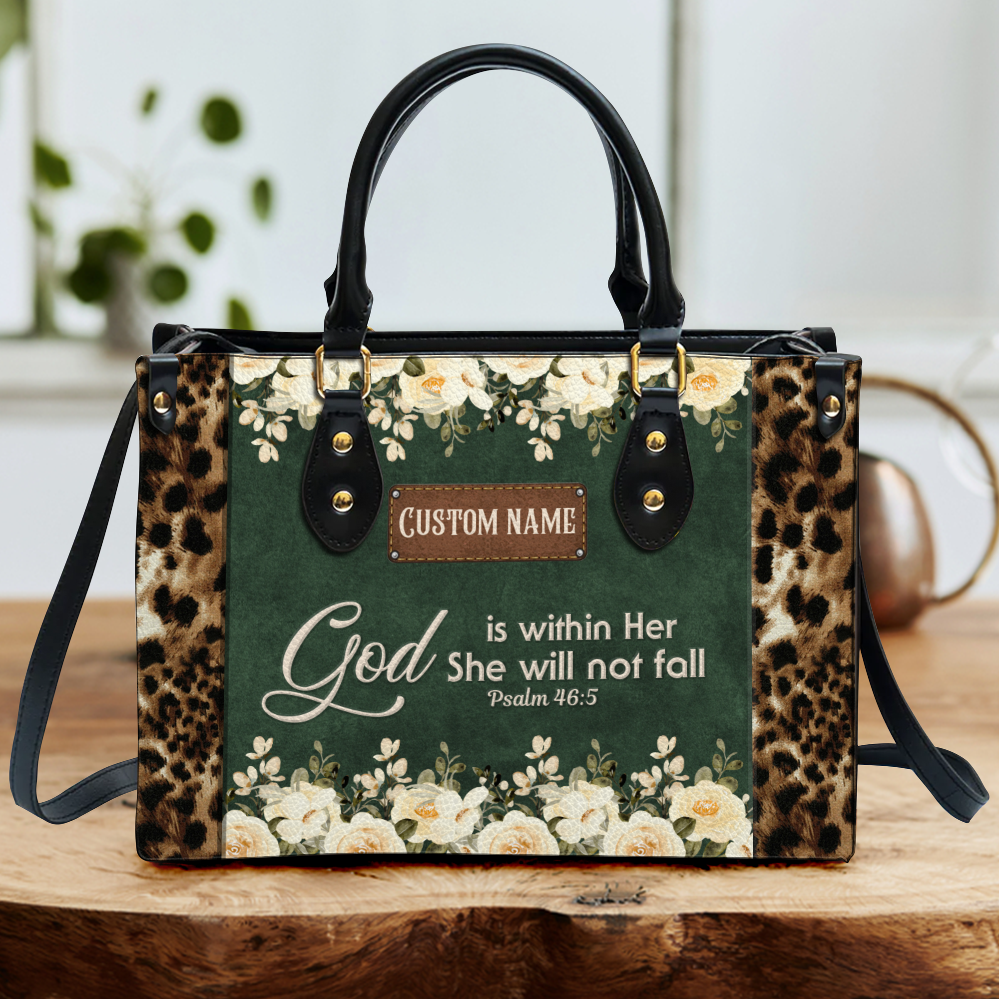 Vintage Leopard Floral Inspirational She Will Not Fall Custom Leather Handbag - Personalized Custom Leather Bag