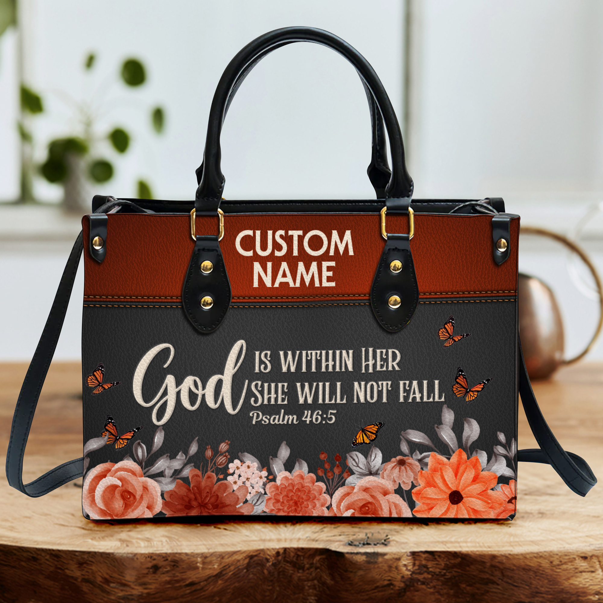 Vintage Red Flower Inspirational She Will Not Fall Custom Leather Handbag - Personalized Custom Leather Bag