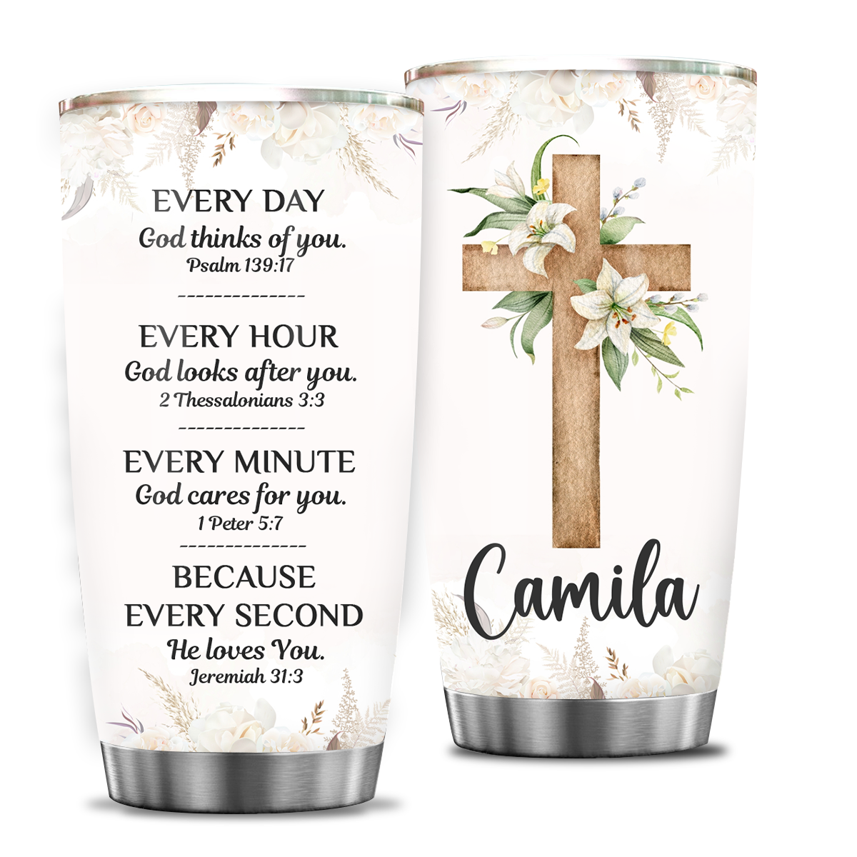 Flower Cross Every Day God Thinks Of You Custom Tumbler Birthday Gifts For Women Christian Gifts Custom Name Gift - Personalized Stainless Steel Tumbler