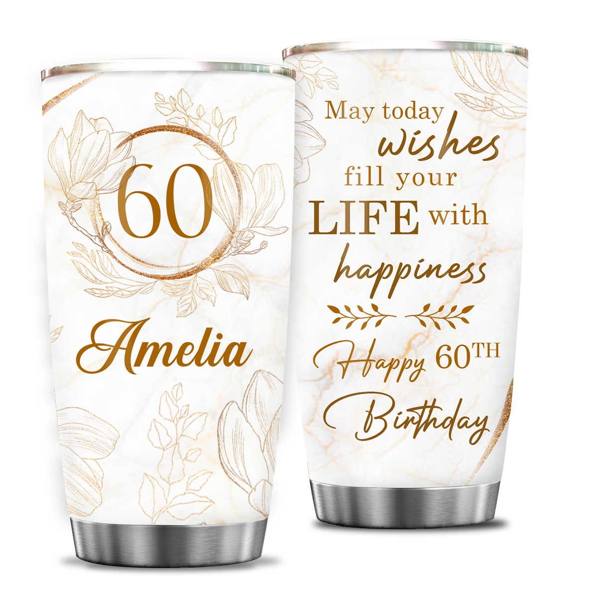Vintage Elegant Floral Golden Glitter 60th Birthday Today's Wishes Bring You Beautiful Custom Gifts Men Women Stainless Steel Tumbler - Personalized Stainless Steel Tumbler