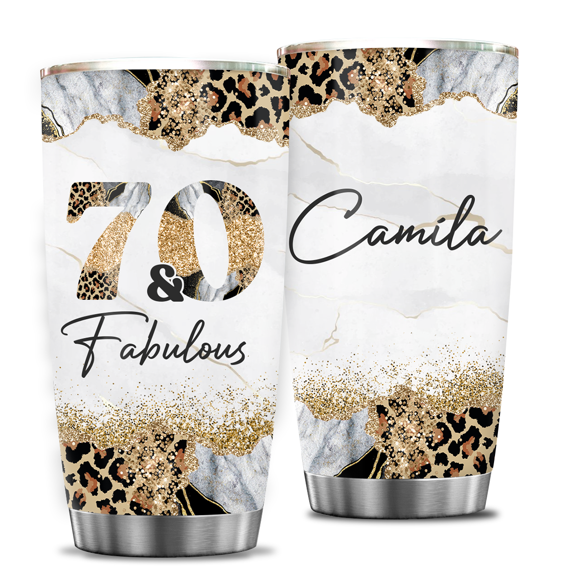 Glitter Cheetah Marble 70th Birthday 70 And Fabulous Custom Gifts Tumbler - Personalized Stainless Steel Tumbler