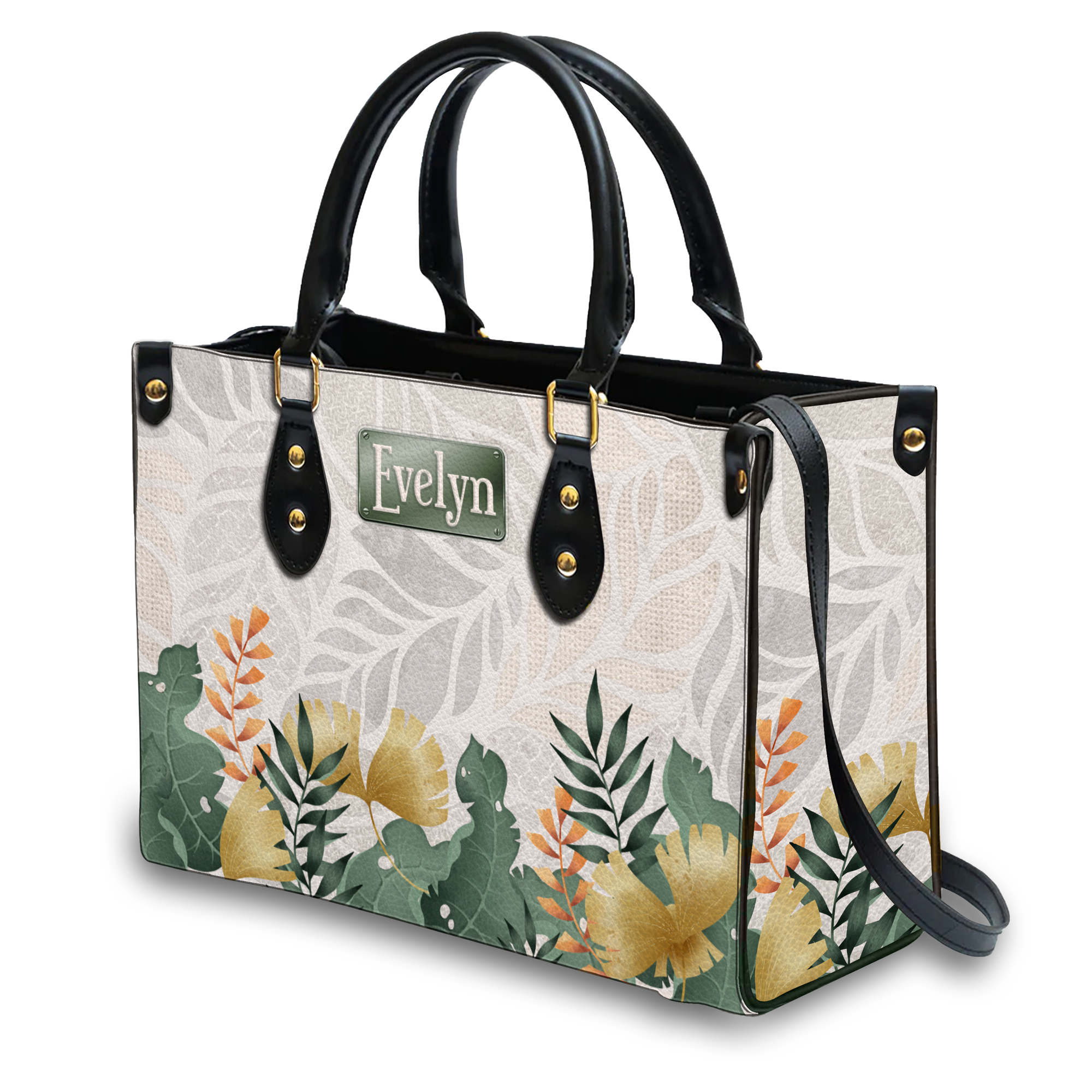 Elegant Leaves Floral Pattern Custom Leather Handbag - Personalized Custom Leather Bag