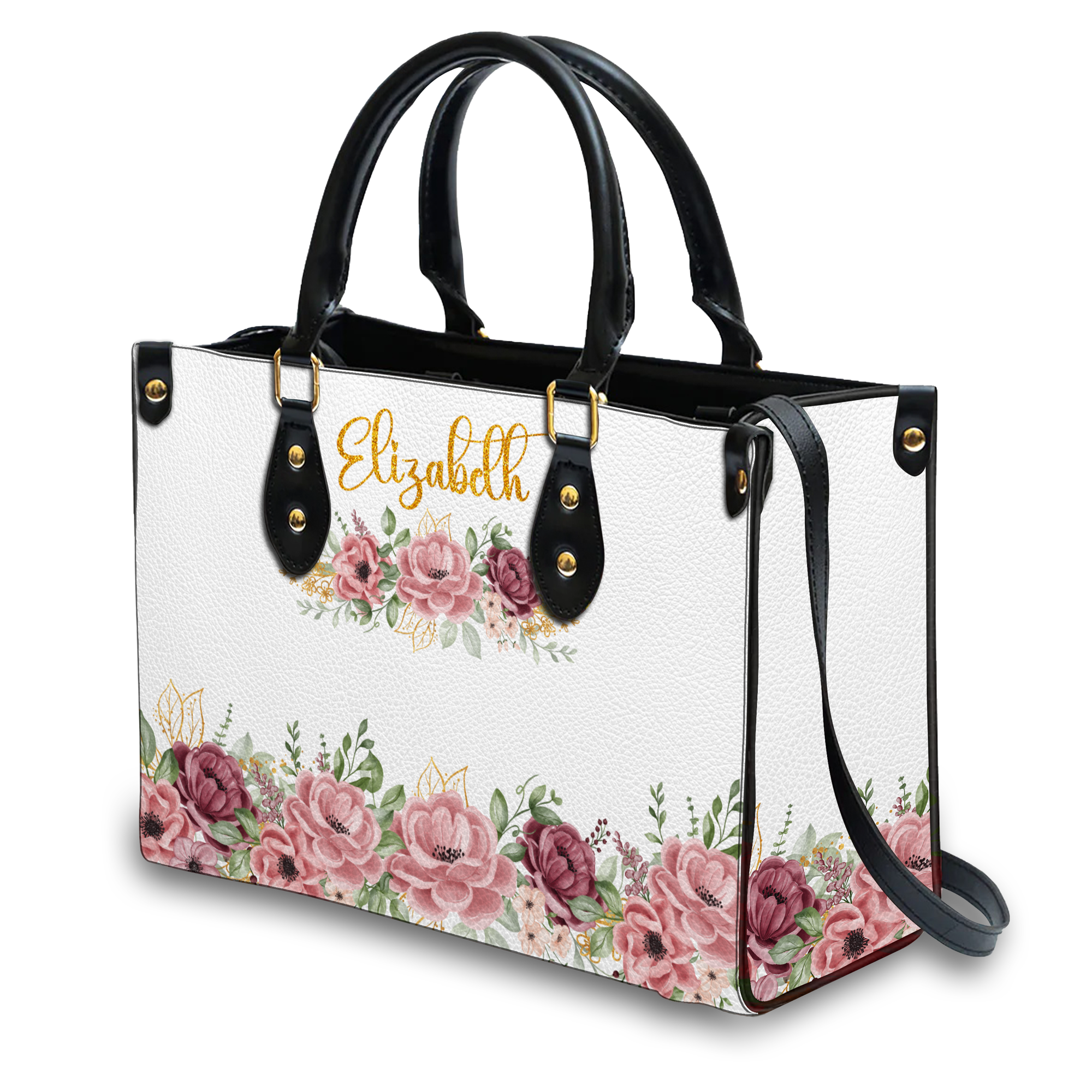 Roses Glitter Floral Custom Leather Handbag - Personalized Custom Leather Bag
