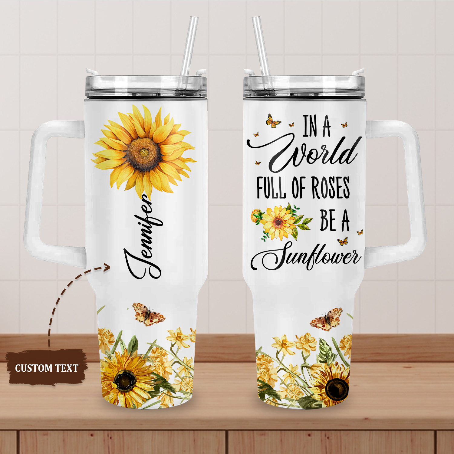 Butterfly Be A Sunflower 40 Oz Tumbler With Handle - Personalized Stainless Steel Tumbler