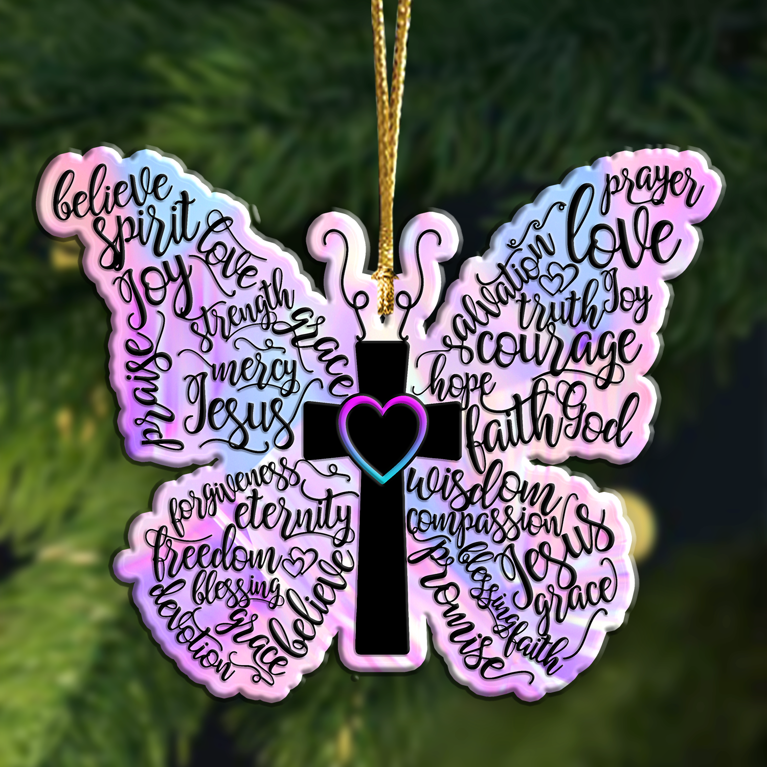 Hologram Butterfly Christian Cross Ornament Gift Bible Verse Christmas Ornament Car Hanging